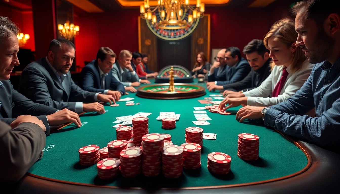 Players engaging in an intense poker game at XX88 Casino, surrounded by vibrant chips and cards.