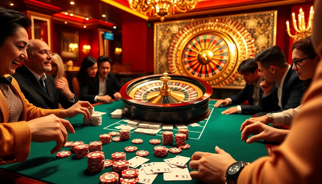Experience the excitement of https://8kbetbh.com/ with players engaged at a glamorous casino table.