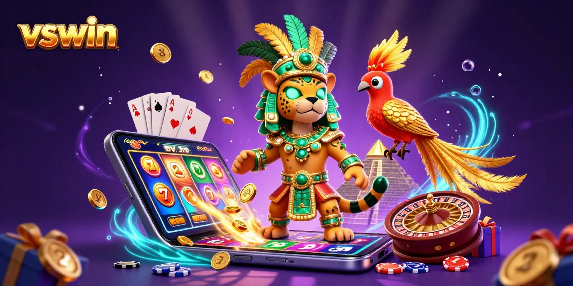Experience the thrill of gaming with vswin: a vibrant 3D illustration of a Mayan priest, bird, and slot elements.