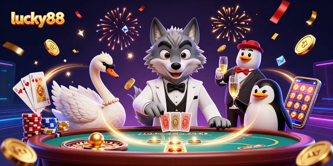 Try your luck at lucky88 with a vibrant 3D casino scene full of animated characters and rich game elements.