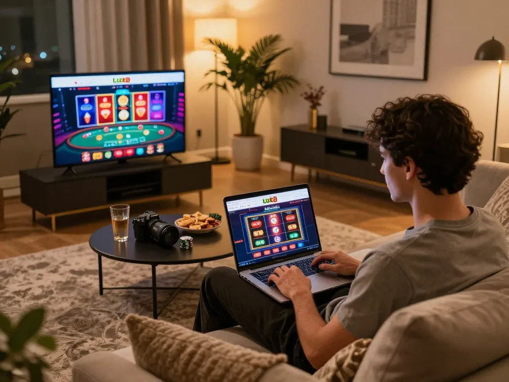 Engaging with online casino games on Luck8 from a cozy living room setup, emphasizing responsible entertainment
