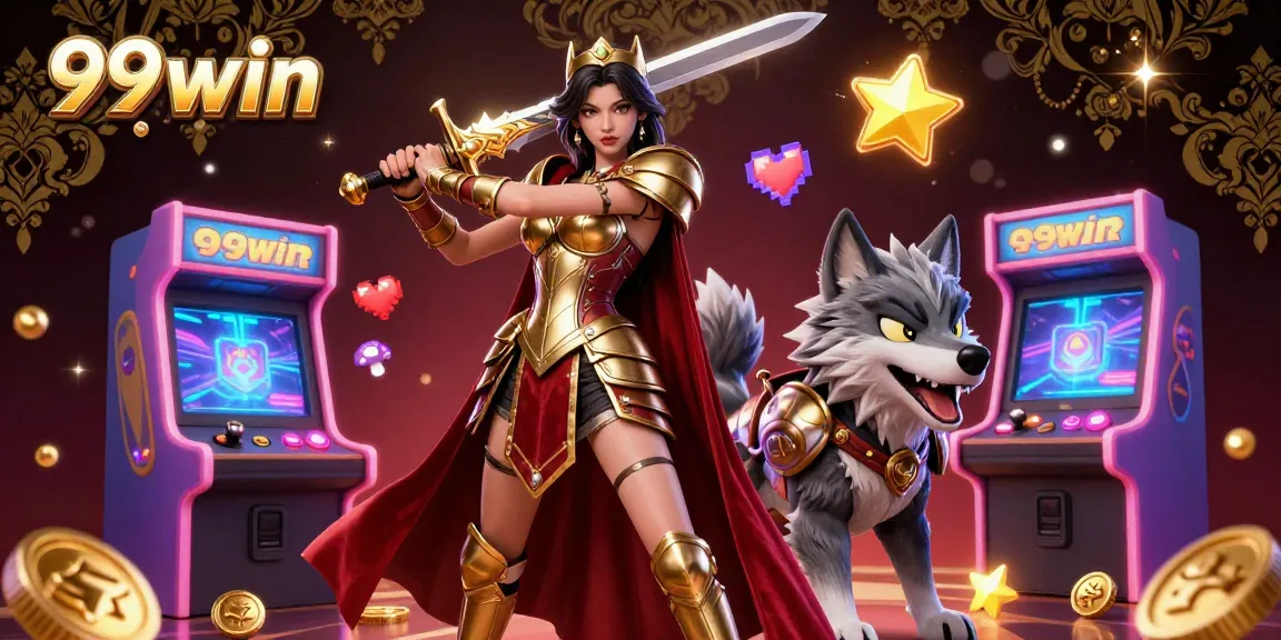 Experience the thrill of victory with 99win's dazzling gaming scene featuring fierce warrior and armored wolf.