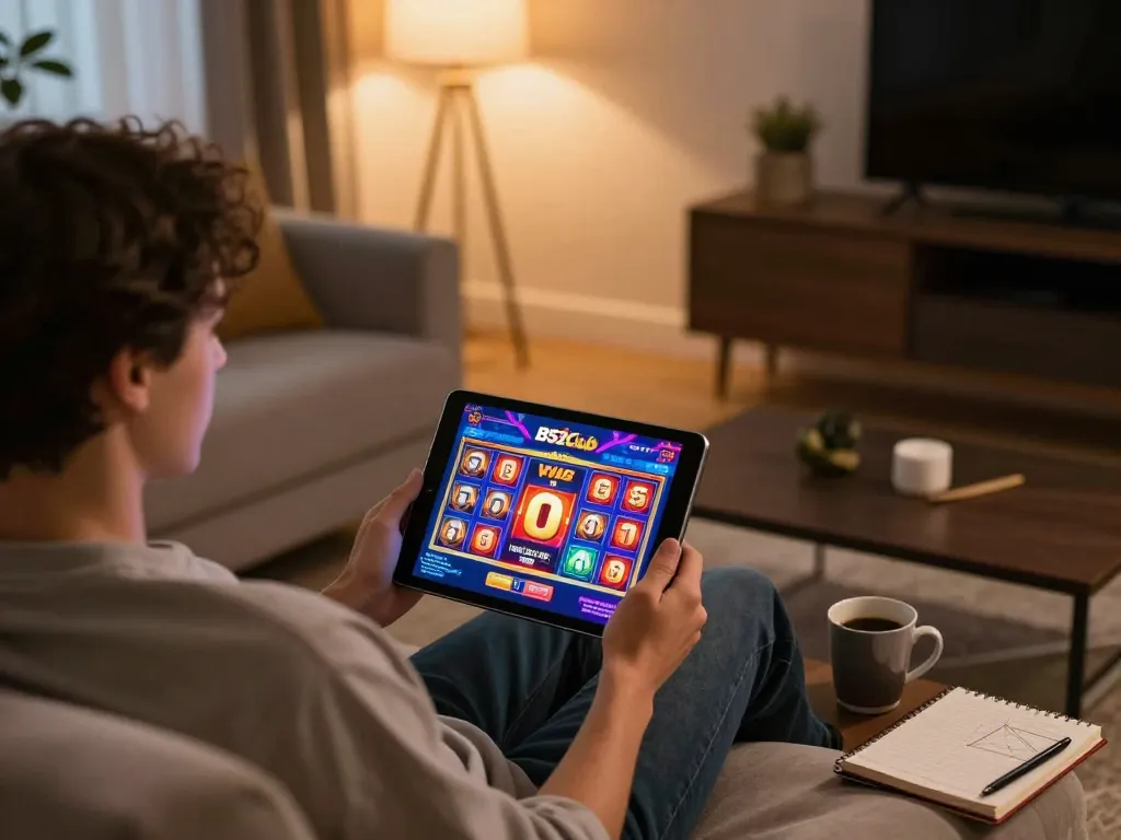 B52club user enjoying online gaming experience with big win on tablet in cozy home setting