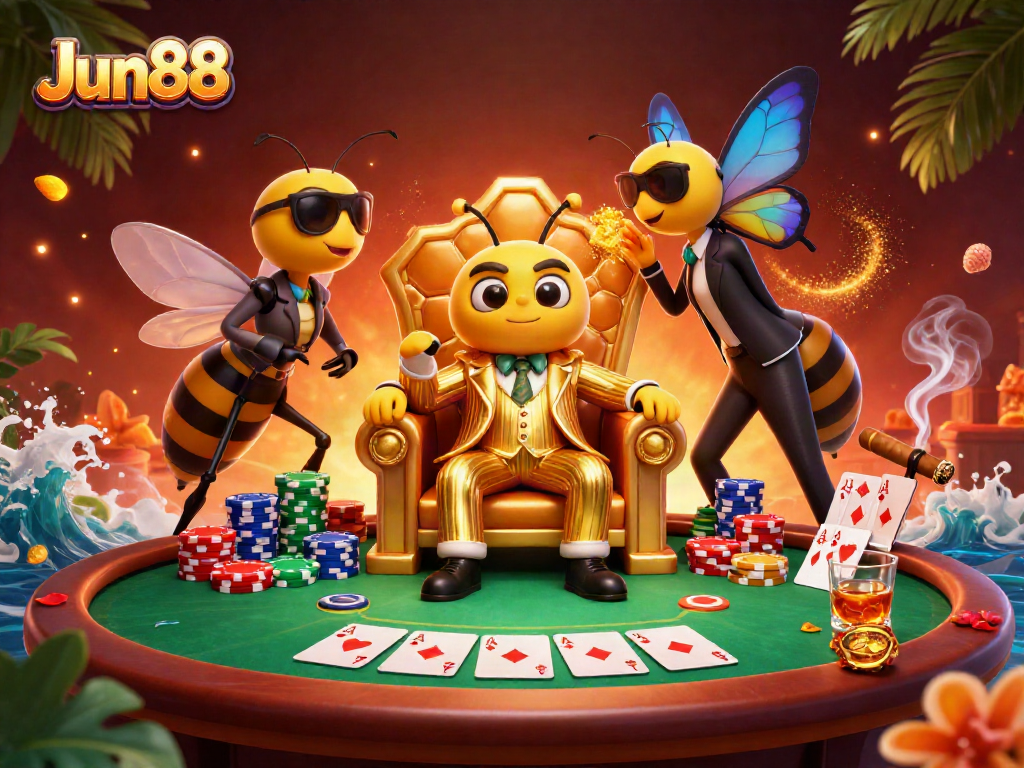 Experience high-stakes poker with Jun88’s vibrant casino scene, featuring a bold bumblebee mob boss.