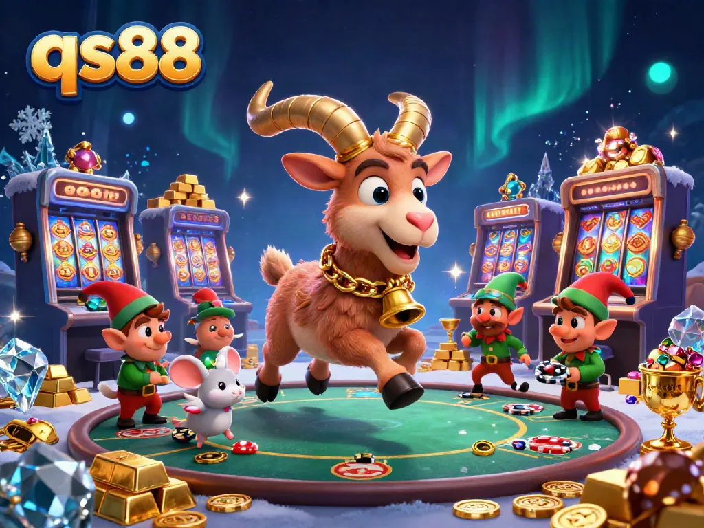 Experience the thrilling qs88 casino with festive characters stealing poker chips amidst shimmering riches.