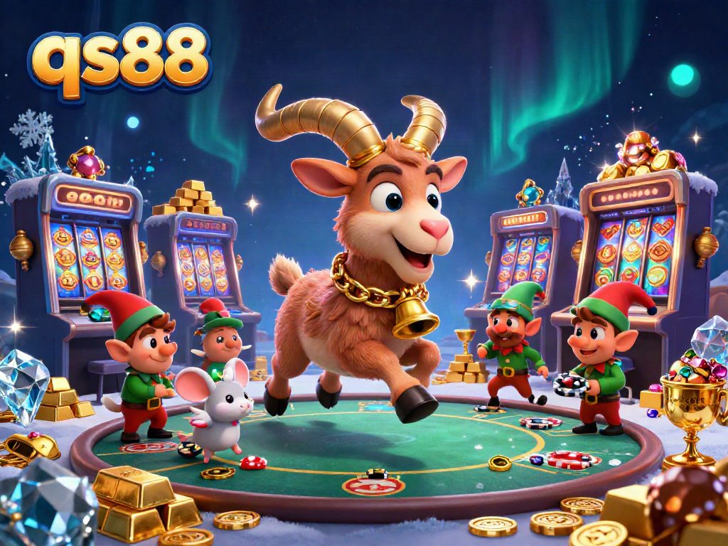 Experience the thrilling qs88 casino with festive characters stealing poker chips amidst shimmering riches.