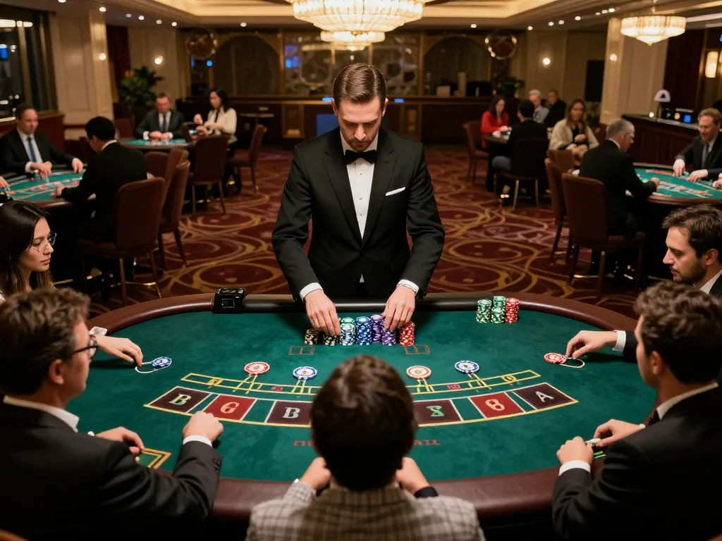 LUCK8 players engaged in high-stakes Baccarat game at upscale casino with stylish decor