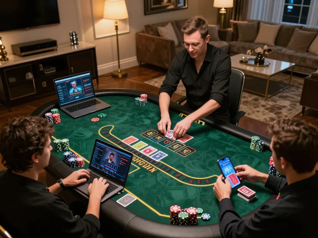 lc88 players engaging in a live Baccarat game at home with elegant decor and warm lighting