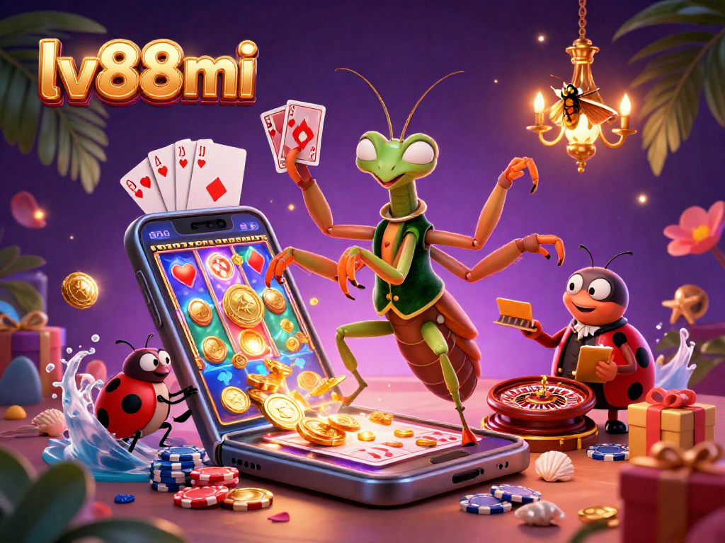Engage with lv88mi's exciting casino world, showcasing a lively 3D casino scene with vibrant characters and games.