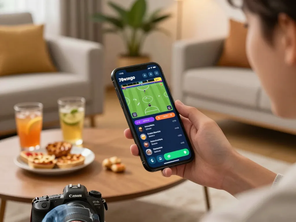 Player engaging with the 78wingo app while betting on sports at home, creating an exciting atmosphere.