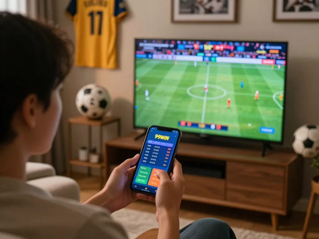 Engaged user placing live bets on sports through the 99WIN app while watching the game.