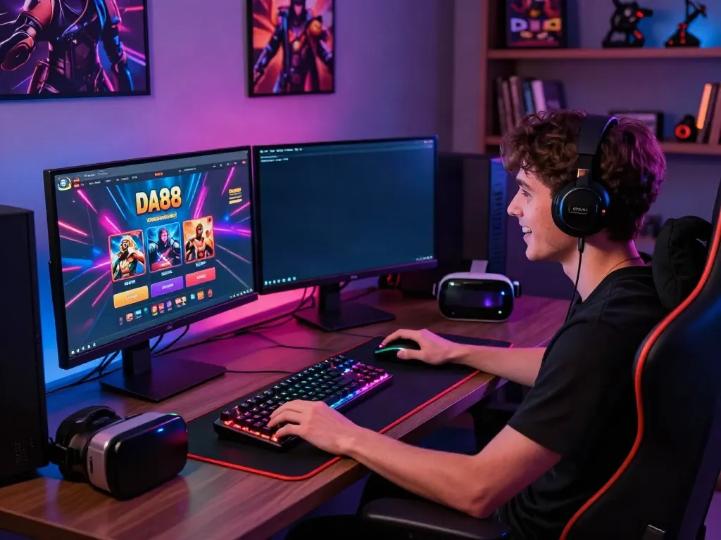 Exciting online gaming setup featuring DA88 platform on dual monitors and gaming accessories.