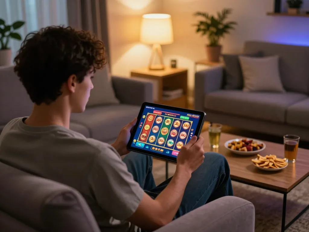 Pemain yang terlibat dalam permainan slot toto di tablet di lingkungan rumah yang nyaman.