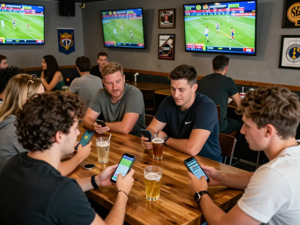 Friends engaging in sports betting using fabet app at a vibrant sports bar.