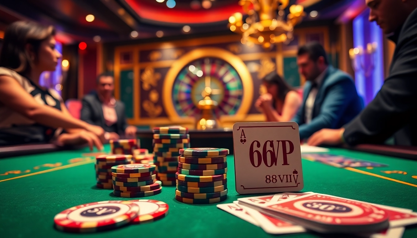 Experience the excitement of gambling at 68VIP with a glamorous poker table and vibrant chips.