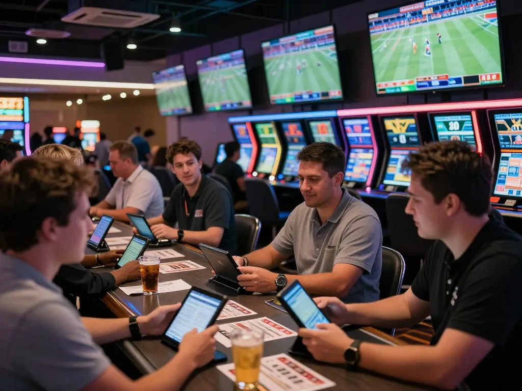 Excited bettors engaging in sports betting at Tin88's modern casino with live screens displaying game updates.