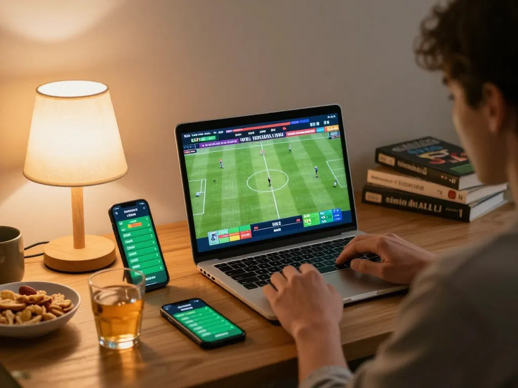Cakhiatv sports betting scene with player engaged on laptop and mobile, relaxing atmosphere.