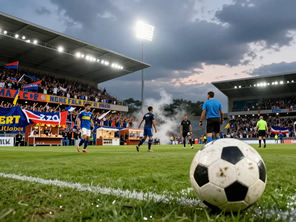 Live football match scene showcasing passionate fans and players in action during an exciting game on 7m.