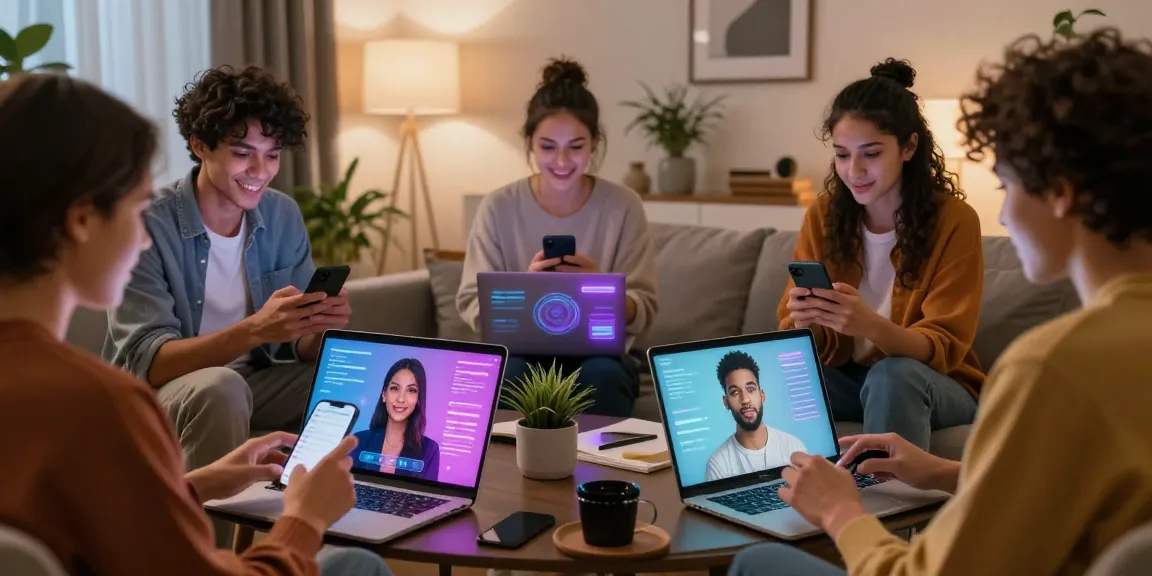 Engaging scene of friends utilizing sex chat ai in a modern living room with interactive AI avatars.