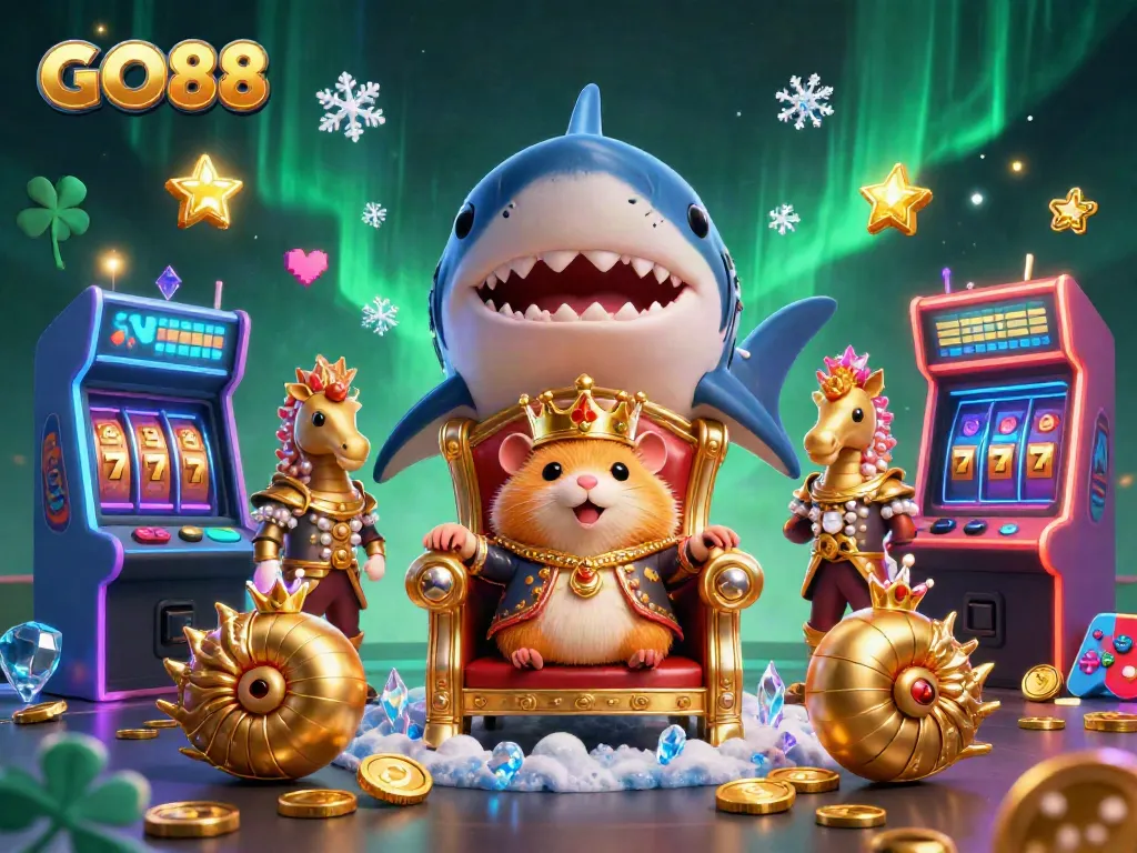 Experience GO88's vibrant casino world with a golden hamster king enthroned, representing winning strategies and excitement.
