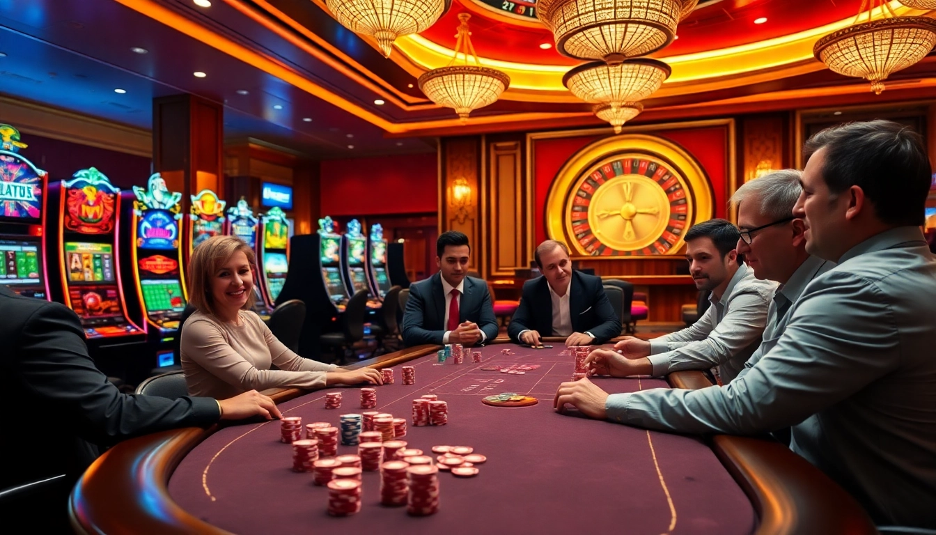 Gambling excitement at https://g28e.com/ with players at a casino table and vibrant slot machines.