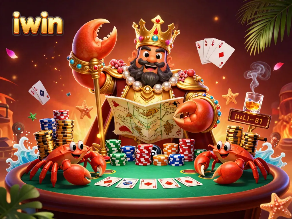 Engage in thrilling gameplay with iwin, featuring a festive crab emperor and vibrant poker elements.