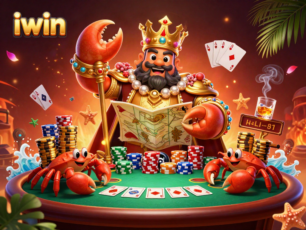 Engage in thrilling gameplay with iwin, featuring a festive crab emperor and vibrant poker elements.