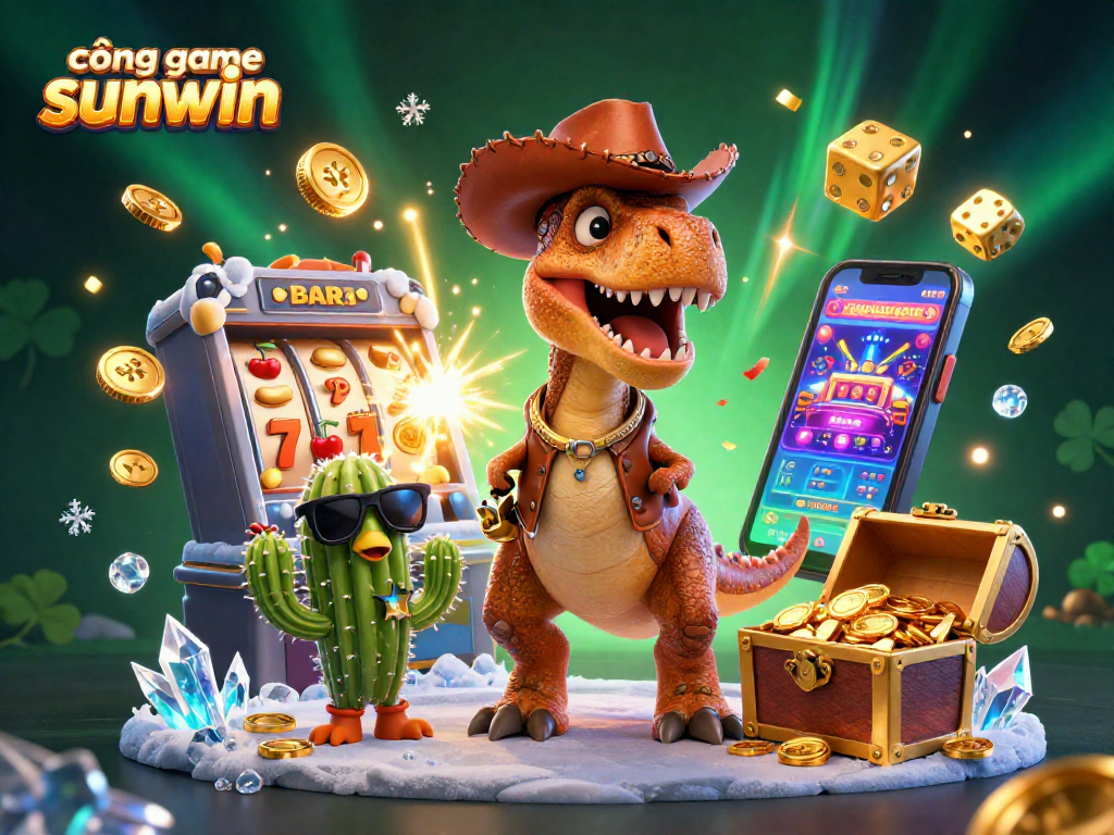 Spin the reels with cổng game sunwin as the T-Rex cowboy celebrates jackpot wins!