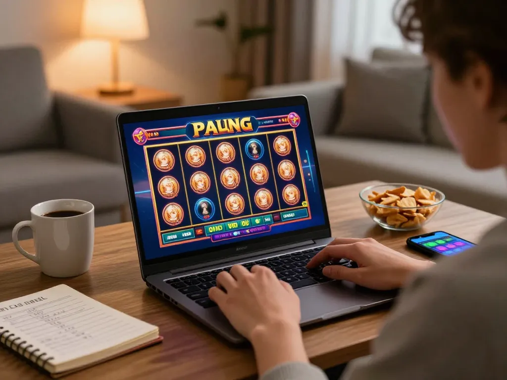 Engaged player using fly8800 for online slots in a relaxing home setup, highlighting responsible gaming.