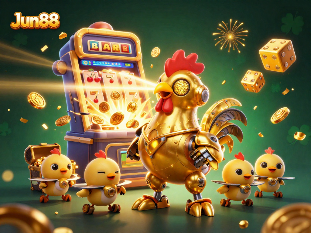 Engage with Jun88's vibrant casino scene featuring a golden rooster robot and dynamic slot actions.