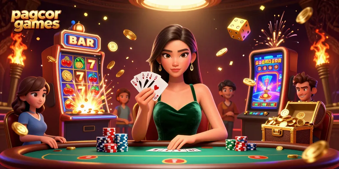 Experience pagcor games excitement with a stunning female poker player surrounded by vibrant casino elements.