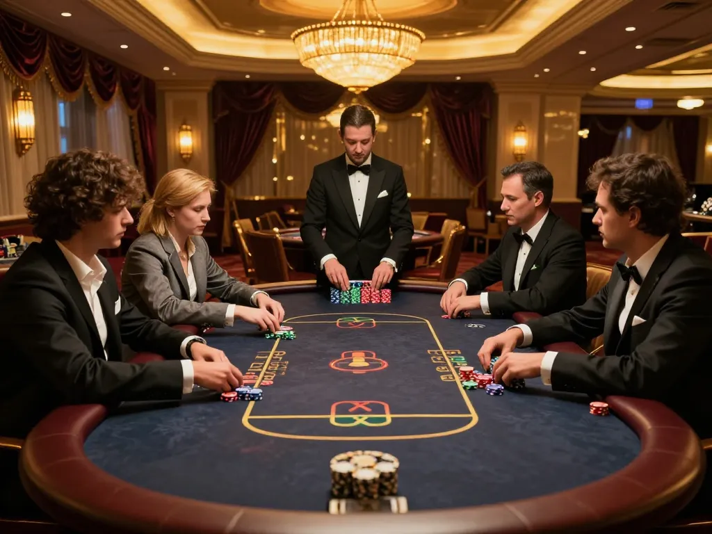 Fabet players competing at a luxurious poker table in an upscale casino environment