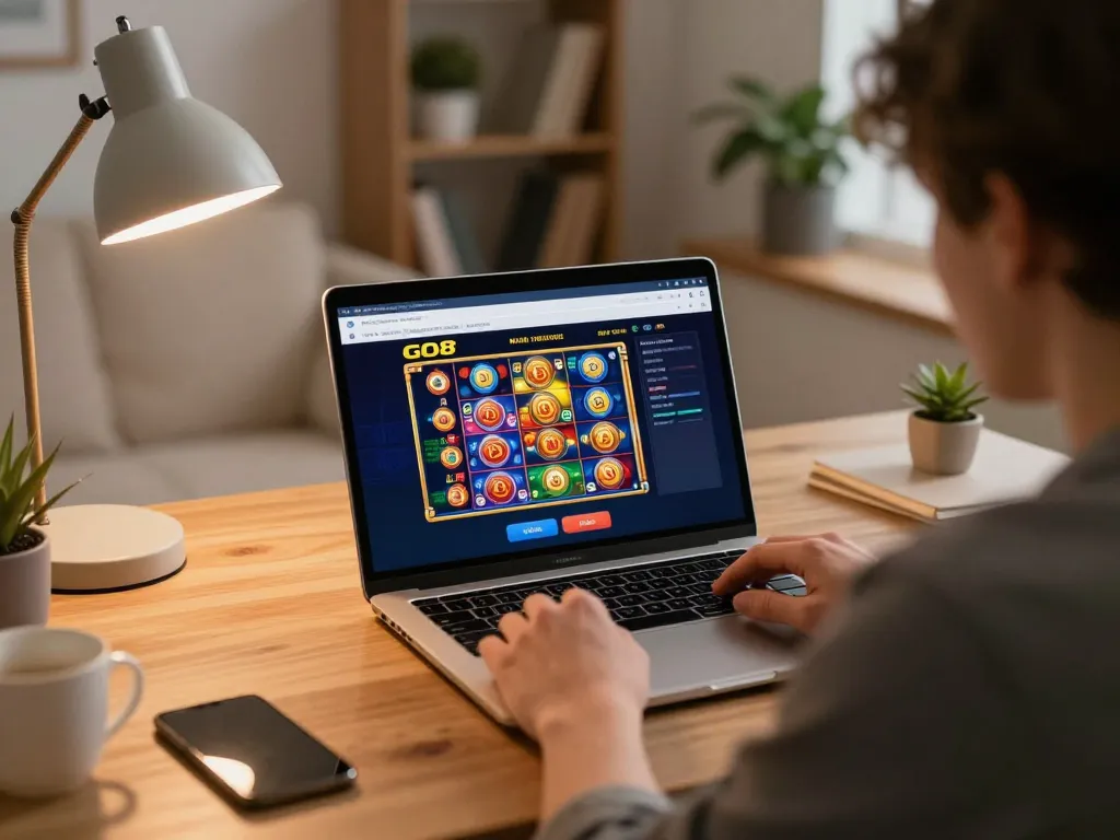 Engaged player enjoying GO8 online casino games with focused strategy in cozy home environment.