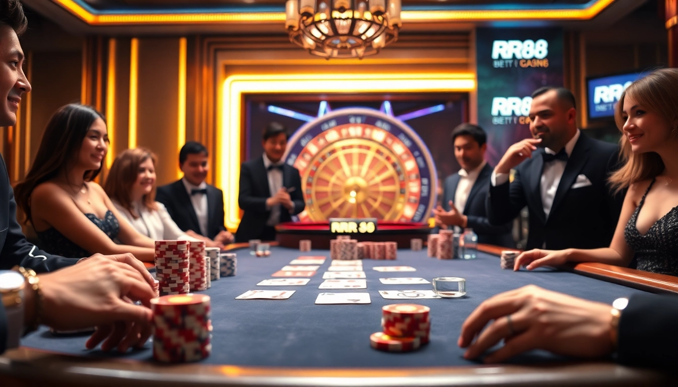 Exciting casino atmosphere at RR88 with poker table, chips, and roulette wheel.