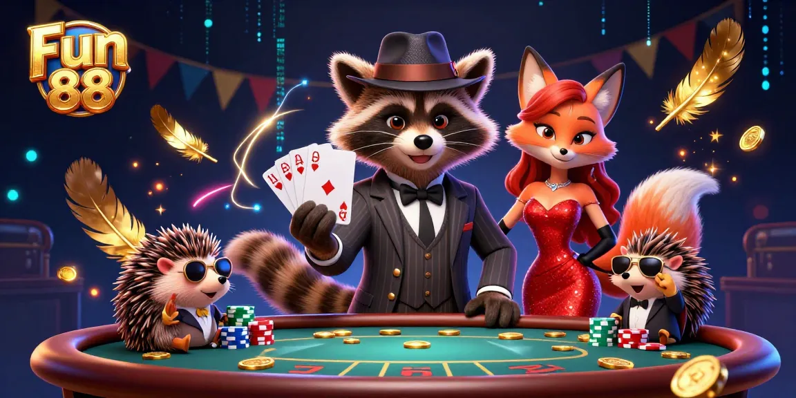 Experience thrilling moments at Fun 88 with a raccoon, fox, and hedgehog in a dynamic casino scene.