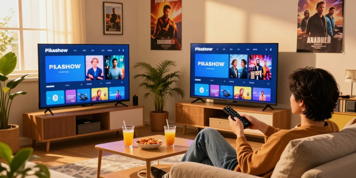 Pikashow APK download on a TV screen in a cozy living room, showcasing movie options while someone enjoys streaming.