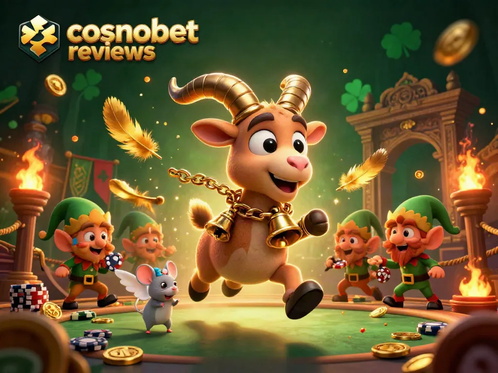 Engaging cosmobet reviews scene with a Krampus goat running a casino, capturing festive gambling excitement.