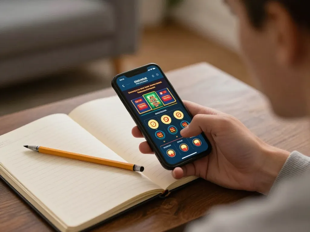 Engaging in online gaming with a smartphone, highlighting nhà cái uy tín in a cozy atmosphere