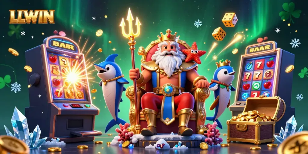 LLWIN showcases a dynamic 3D casino scene with Neptune and jackpot excitement, vivid colors, and energetic visuals.