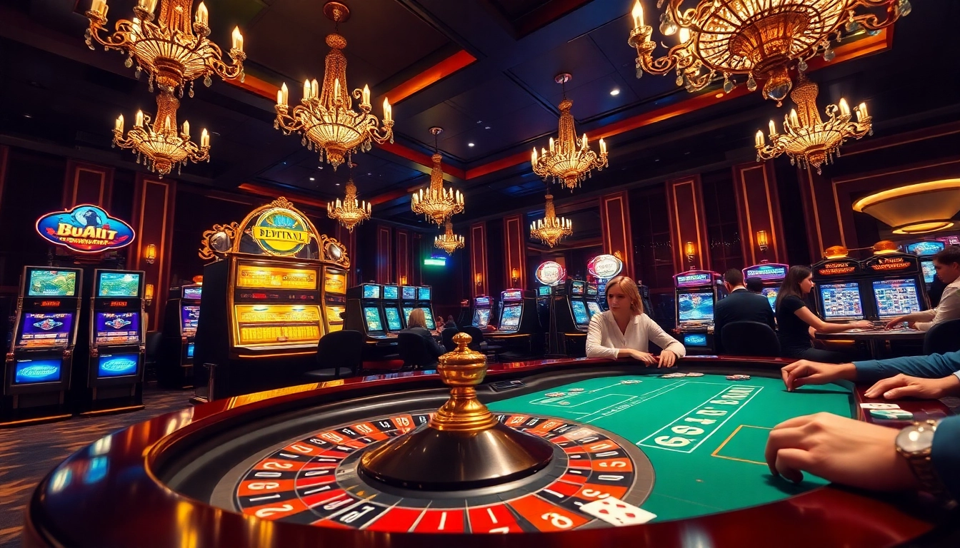 Players enjoying a thrilling game at the 8DAY casino, surrounded by vibrant slot machines and roulette.