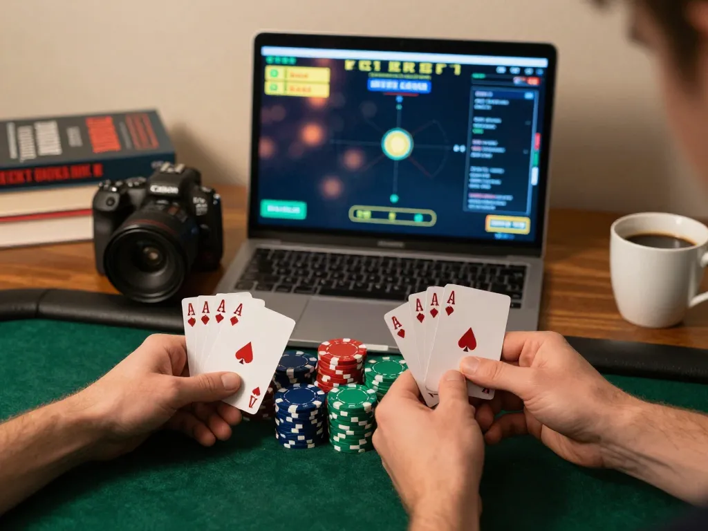 Player strategizing for five88 online poker game at home with chips and cards visible