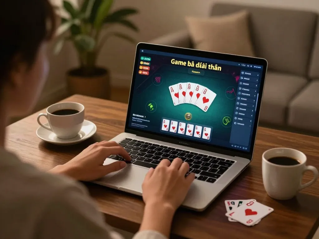 Engaging in Game bài đổi thưởng with laptop in cozy home setting, highlighting online gaming experience.