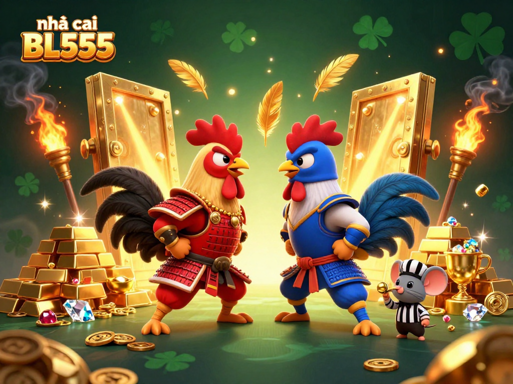 Experience exciting action with nhà cái BL555 featuring samurai and ninja roosters in a vibrant casino scene.