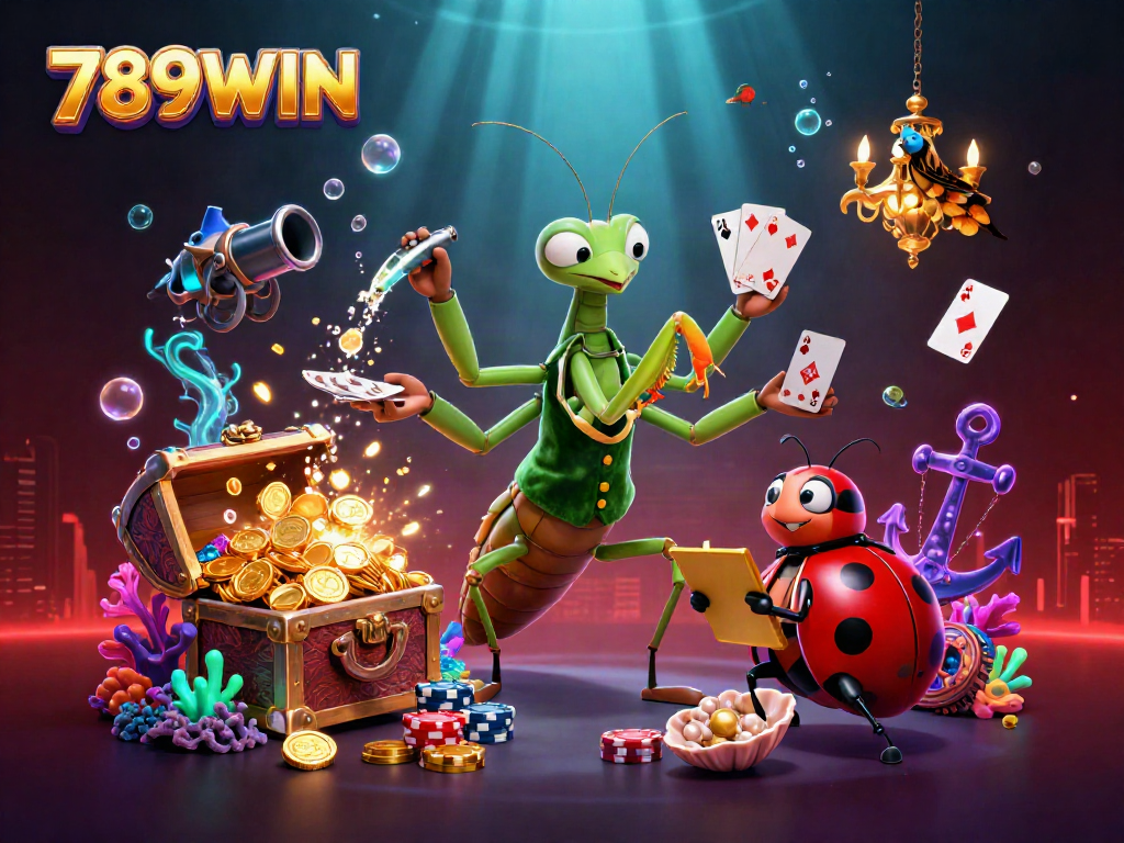 Experience thrilling action with 789WIN as a giant mantis deals cards and chips in this vibrant casino scene.