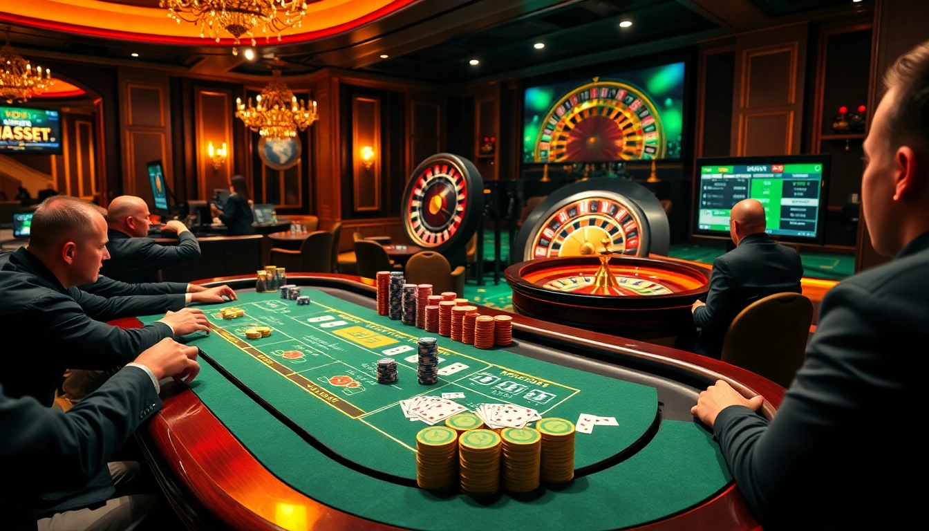Engaged players at a luxurious table game, enhancing their strategy on https://mubet.me/ for better odds.