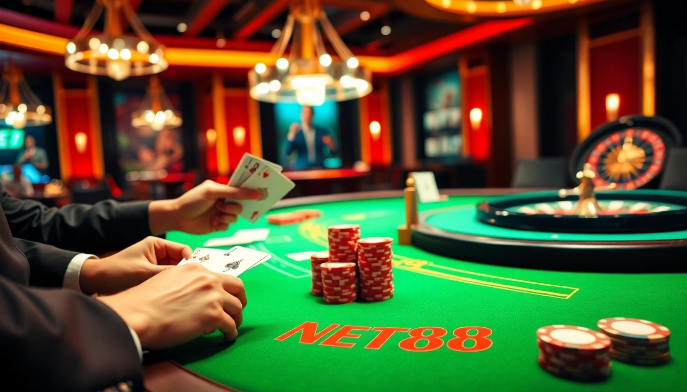 Engage with NET88 at a vibrant poker table featuring intense gameplay and rich casino elements.