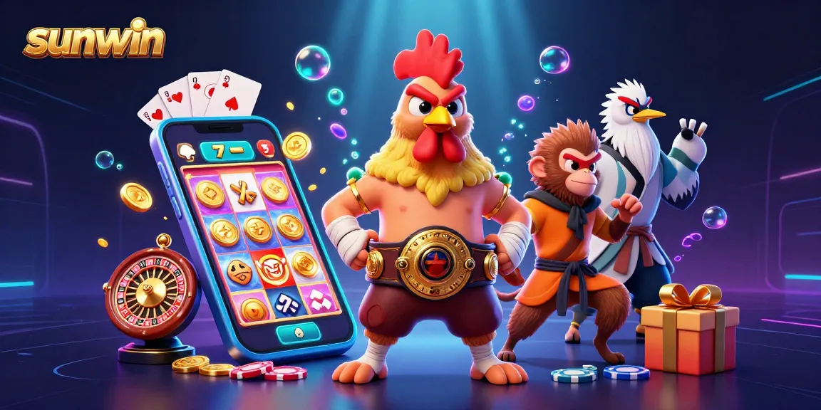 Experience thrilling gameplay at sunwin with a vibrant illustration featuring dynamic casino characters and games.