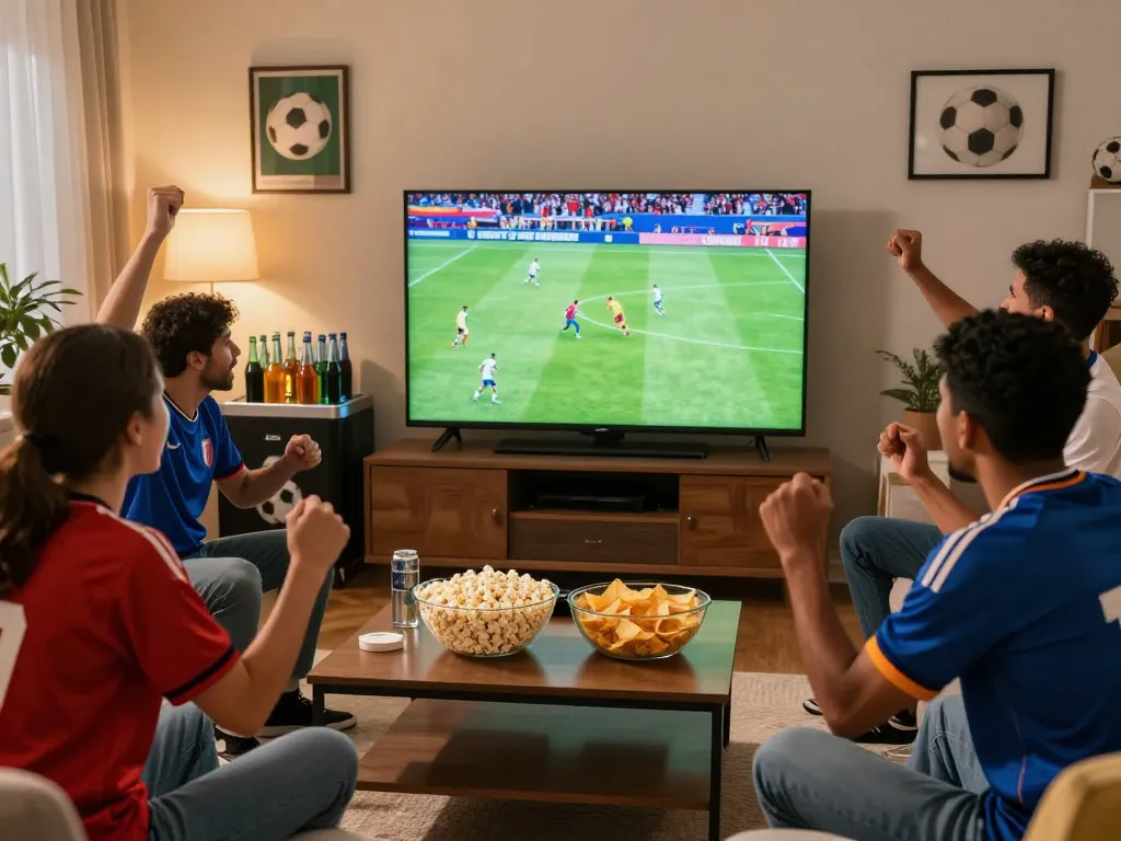 Excited fans enjoying a game on Socolive TV in a cozy living room with snacks and team jerseys.