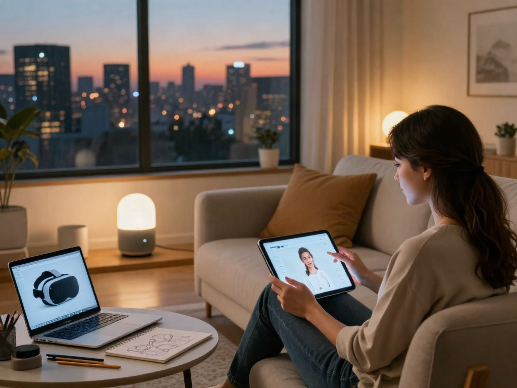 A person engaging with an AI girlfriend chatbot on a tablet in a modern living room, surrounded by smart home devices.