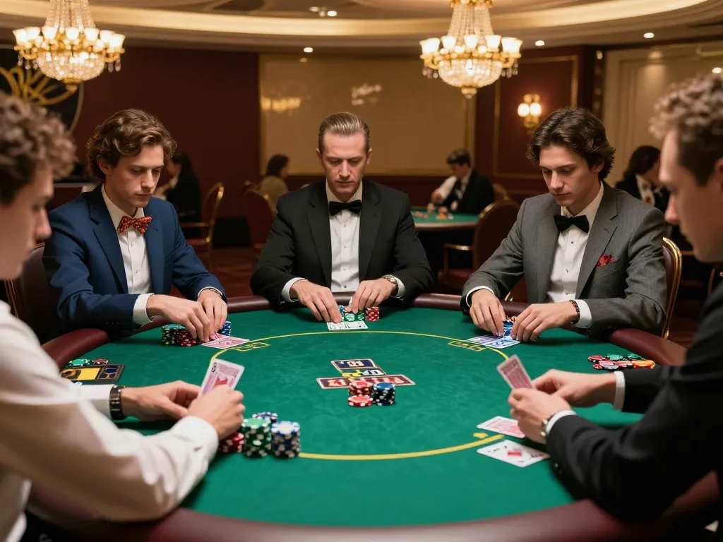 Players strategizing and placing bets at a high-stakes table at Net88 casino.